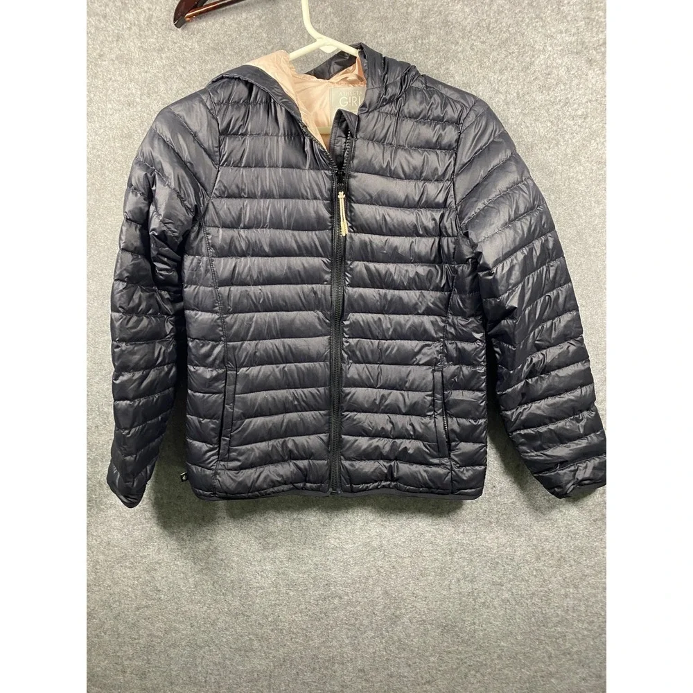 Athleta Girl Navy Blue Quilted Hooded Puffer Jacket Goose Down Fill Size L 12